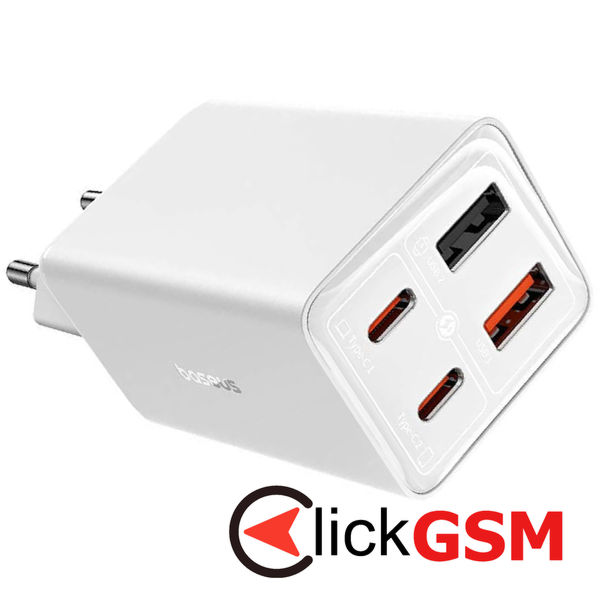 Baseus - Wall Charger GaN (P10162701213-00) - 2x USB, 2x Type-C, 65W, with Cable Type-C to Type-C - White