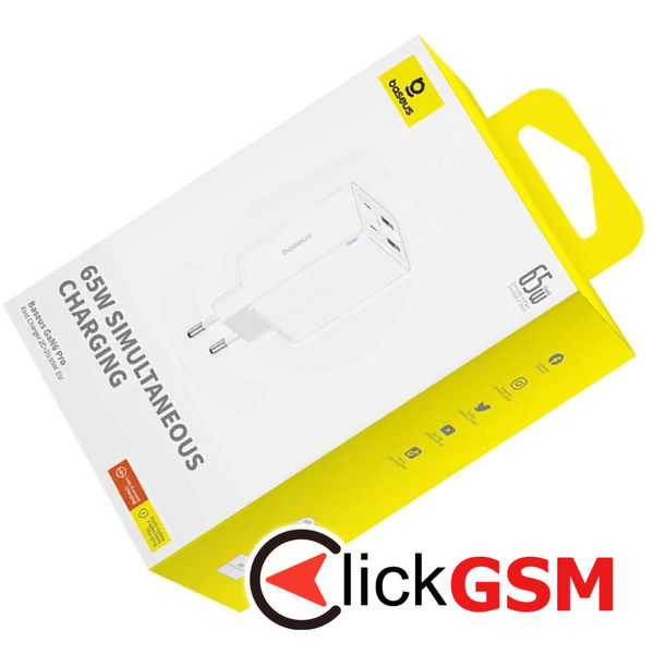 Baseus - Wall Charger GaN (P10162701213-00) - 2x USB, 2x Type-C, 65W, with Cable Type-C to Type-C - White