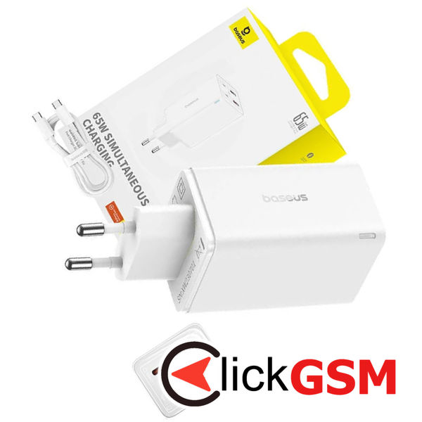 Baseus - Wall Charger GaN (P10162701213-00) - 2x USB, 2x Type-C, 65W, with Cable Type-C to Type-C - White