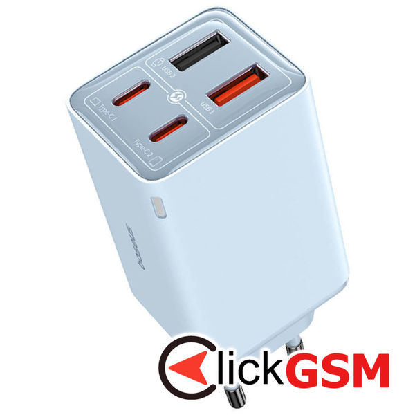 Baseus - Wall Charger GaN (P10162701313-00) - 2x USB, 2x Type-C, 65W, with Cable Type-C to Type-C - Blue