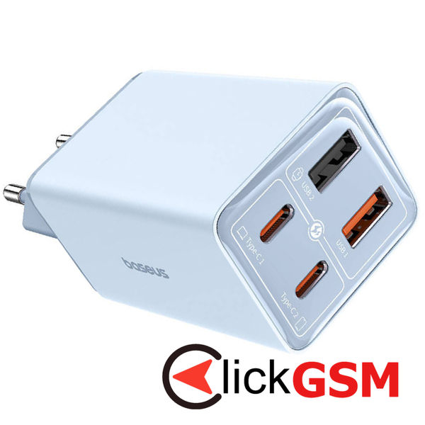 Baseus - Wall Charger GaN (P10162701313-00) - 2x USB, 2x Type-C, 65W, with Cable Type-C to Type-C - Blue