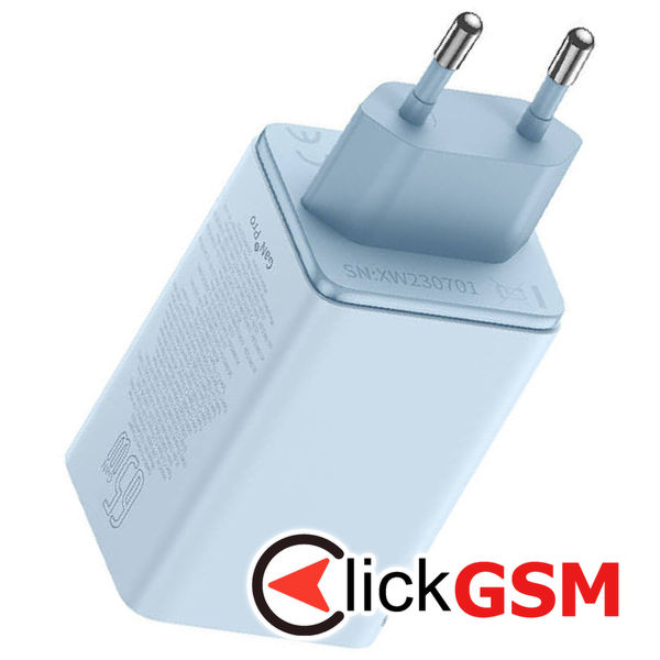 Baseus - Wall Charger GaN (P10162701313-00) - 2x USB, 2x Type-C, 65W, with Cable Type-C to Type-C - Blue