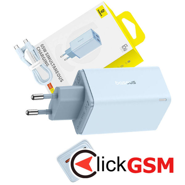 Baseus - Wall Charger GaN (P10162701313-00) - 2x USB, 2x Type-C, 65W, with Cable Type-C to Type-C - Blue