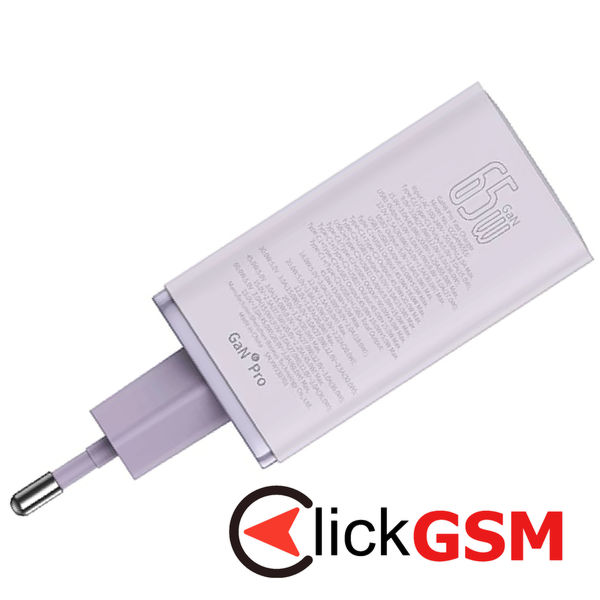 Baseus - Wall Charger GaN (P10162701533-00) - 2x USB, 2x Type-C, 65W, with Cable Type-C to Type-C - Purple