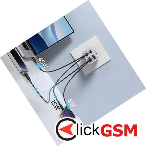 Baseus - Wall Charger GaN (P10162701533-00) - 2x USB, 2x Type-C, 65W, with Cable Type-C to Type-C - Purple