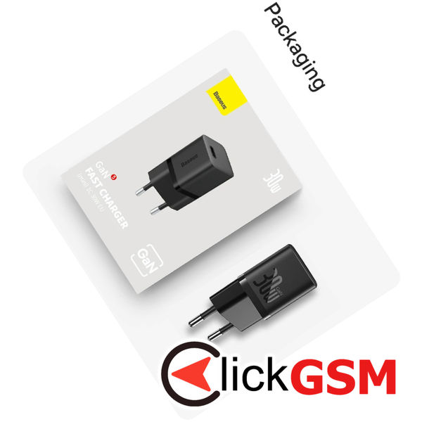 Baseus - Wall Charger (P10110902113-00) - GaN, Type-C, Fast Charging, 30W, with Cable Type-C, 100W, 1m - Cluster Black