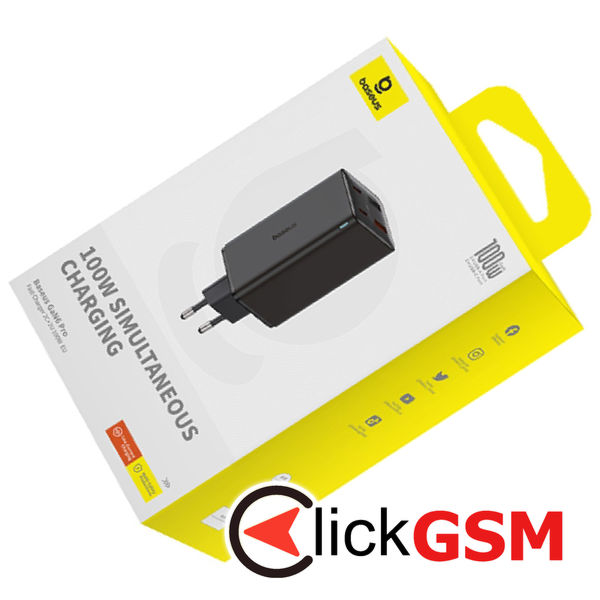 Baseus - Wall Charger GaN6 Pro (P10162705112-00) - 2x USB, 2x Type-C, 100W, with Cable Type-C, 100W, 20V, 5A, 1m - Black