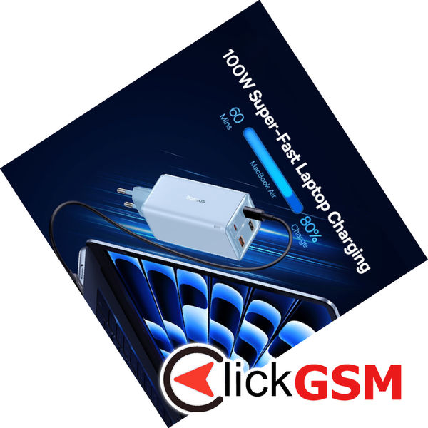 Baseus - Wall Charger GaN6 Pro (P10162705312-00) - 2x USB, 2x Type-C, 100W, with Cable Type-C, 100W, 20V, 5A, 1m - Blue