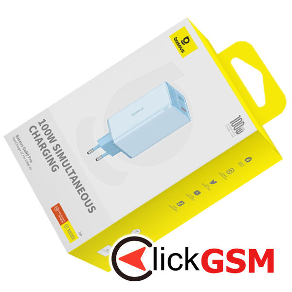 Baseus - Wall Charger GaN6 Pro (P10162705312-00) - 2x USB, 2x Type-C, 100W, with Cable Type-C, 100W, 20V, 5A, 1m - Blue