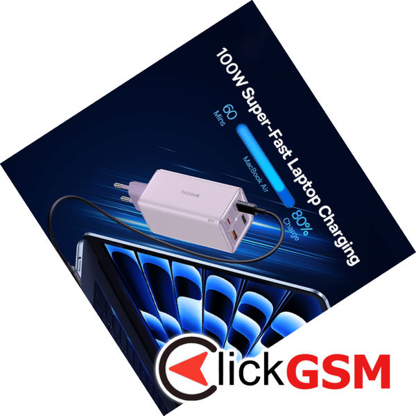 Baseus - Wall Charger GaN6 Pro (P10162705532-00) - 2x USB, 2x Type-C, 100W, with Cable Type-C, 100W, 20V, 5A, 1m - Purple