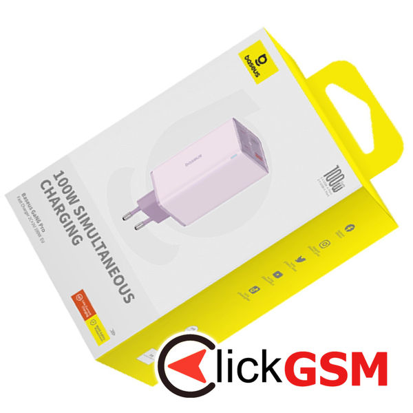 Baseus - Wall Charger GaN6 Pro (P10162705532-00) - 2x USB, 2x Type-C, 100W, with Cable Type-C, 100W, 20V, 5A, 1m - Purple