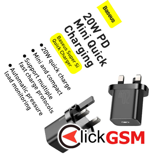Baseus - Wall Charger Super Si (CCSUP-K01) - UK Plug, Type-C, Quick Charge 20W - Black