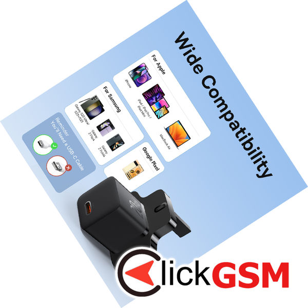 Baseus - Wall Charger (P10110907113-00) - UK Plug, Type-C, GaN5, Quick Charge 20W - Black