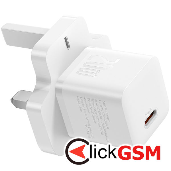 Baseus - Wall Charger (P10110907213-00) - UK Plug, Type-C, GaN5, Quick Charge 20W - White