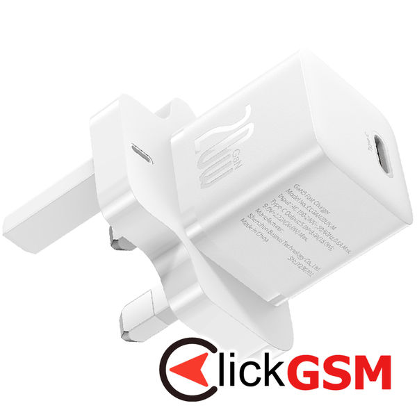 Baseus - Wall Charger (P10110907213-00) - UK Plug, Type-C, GaN5, Quick Charge 20W - White