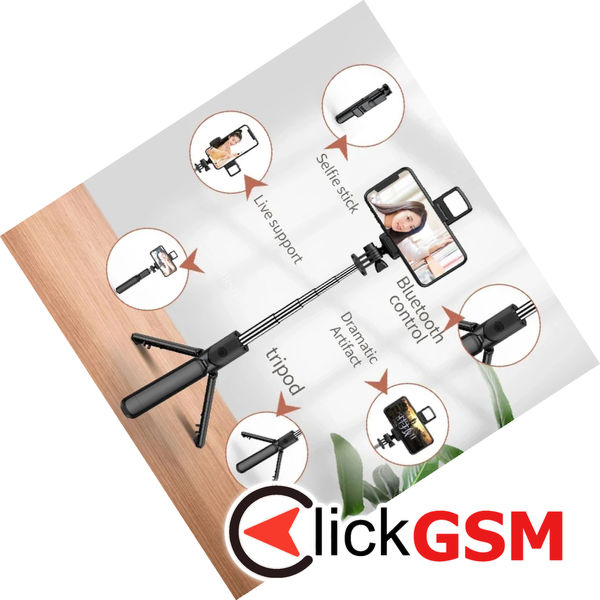 Techsuit - Mini Selfie Stick (S03-S) - Stable & Compact Tripod Mount, Bluetooth Remote Control, LED Light, 67cm - Black
