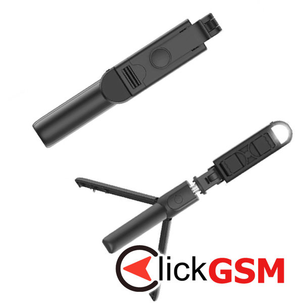 Techsuit - Mini Selfie Stick (S05-S) - Compact Tripod Mount with Bluetooth Remote Control, LED Light, Foldable, 105cm - Black