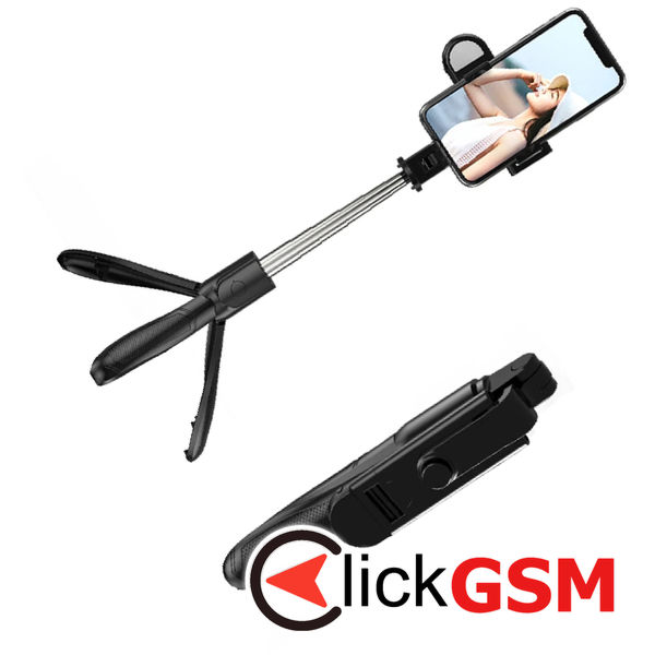 Techsuit - Selfie Stick (S01-S) - Compact Tripod Mount with Bluetooth Remote Control, LED Fill Light, Foldable, 70cm - Black
