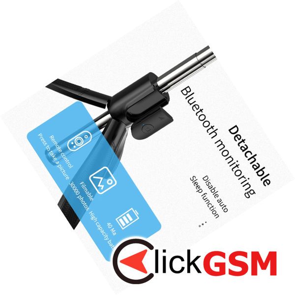 Techsuit - Selfie Stick (S01-S) - Compact Tripod Mount with Bluetooth Remote Control, LED Fill Light, Foldable, 70cm - Black