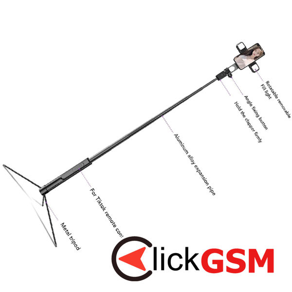 Techsuit - Selfie Stick (K30S) - Compact Tripod Mount, Bluetooth Remote Control, Double LED Light, Foldable, 167cm - Black