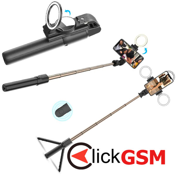 Techsuit - Selfie Stick (K13) - Compact Tripod Mount with Bluetooth Remote Control, LED Beauty Light, Foldable, 84cm - Black