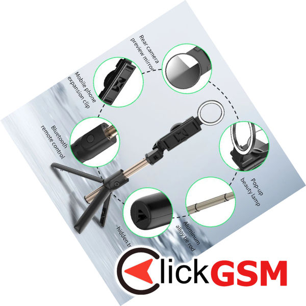 Techsuit - Selfie Stick (K13) - Compact Tripod Mount with Bluetooth Remote Control, LED Beauty Light, Foldable, 84cm - Black