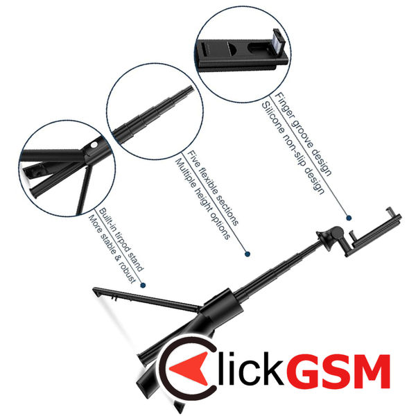 Techsuit - Selfie Stick (K22) - Compact Tripod Mount with Bluetooth Remote Control, Foldable, 97cm - Black