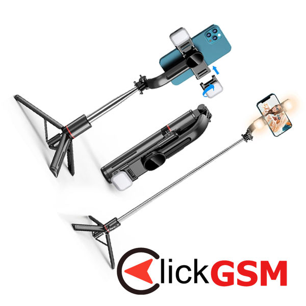 Techsuit - Selfie Stick (L13d) - Stable Tripod with Double Fill Light, Bluetooth Remote Control, 360, 116cm - Black