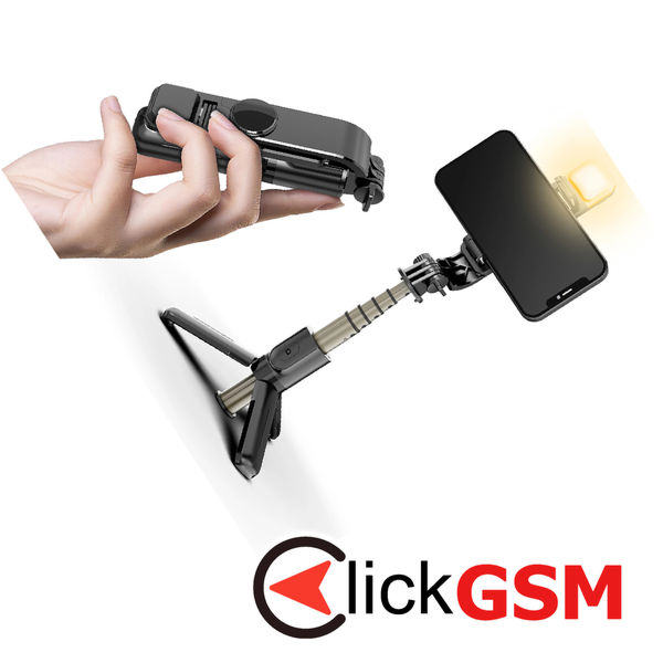 Techsuit - Mini Selfie Stick (L10s) - Stable Tripod with Bluetooth Remote Control and Fill Light, 70cm - Black