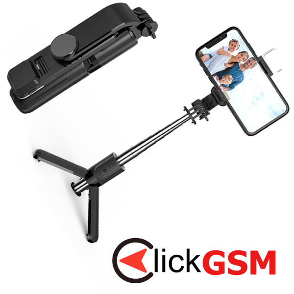 Techsuit - Mini Selfie Stick (L11s) - Stable Tripod with Bluetooth Remote Control and LED Light, 75cm - Black