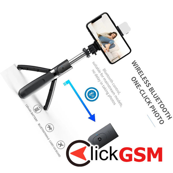 Techsuit - Selfie Stick (L02s) - Stable Tripod with Bluetooth Remote Control and Fill Light, Stainless Steel, 104cm - Black