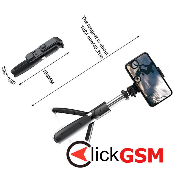 Techsuit - Selfie Stick (L02s) - Stable Tripod with Bluetooth Remote Control and Fill Light, Stainless Steel, 104cm - Black