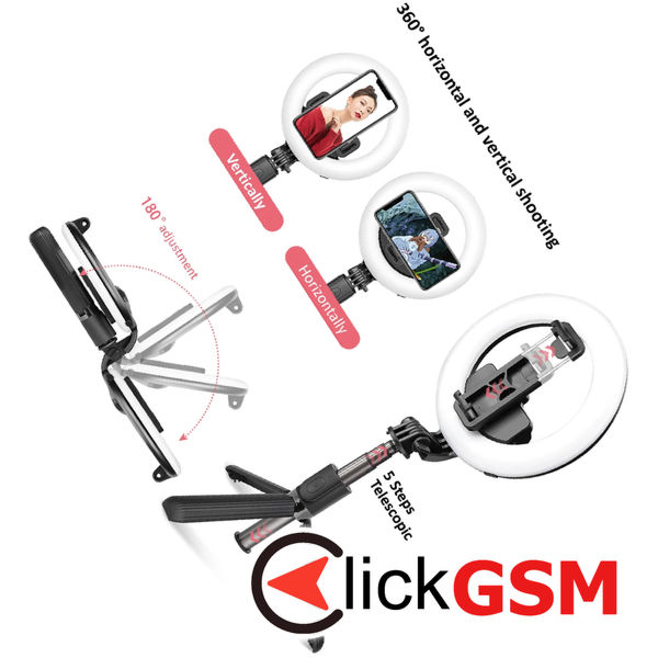 Techsuit - Selfie Stick (L07) - Stable Tripod with Bluetooth Remote Control and Beauty Ring Light, 90cm - Black