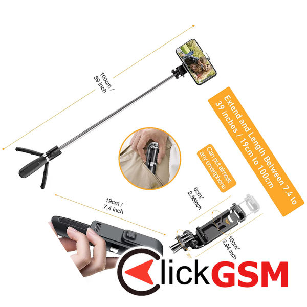 Techsuit - Selfie Stick (L02) - Stable Tripod with Bluetooth Remote Control, GoPro Compatible, 360 Rotation, 100cm - Black