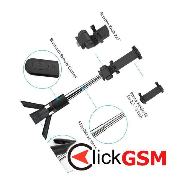 Techsuit - Selfie Stick (L01) - Tripod Stable Mount with Extendable Arm, Bluetooth Remote Control, 70cm - Black