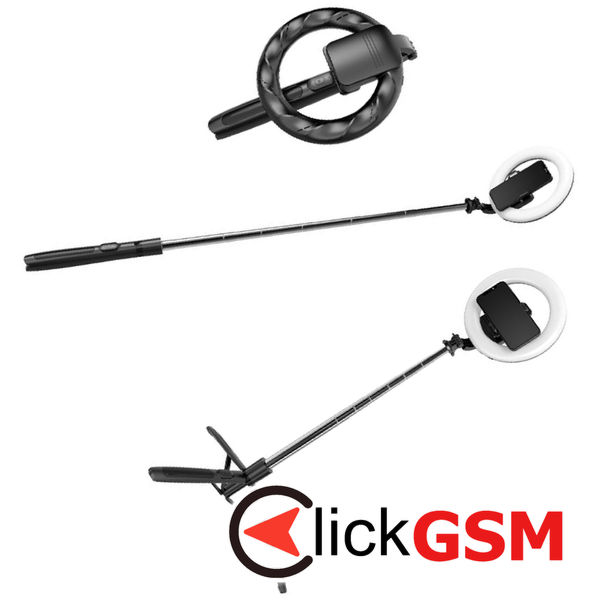 Techsuit - Selfie Stick (Q05s) - Stable Tripod with Bluetooth Remote Control and Ring Light, Stainless Steel, 170cm - Black