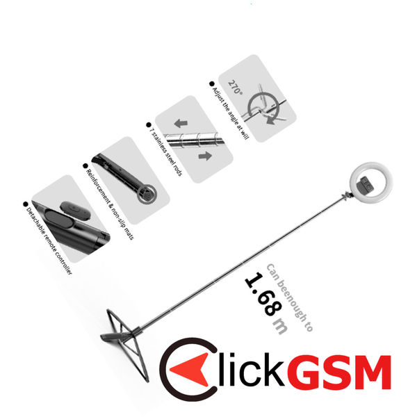 Techsuit - Selfie Stick (Q05s) - Stable Tripod with Bluetooth Remote Control and Ring Light, Stainless Steel, 170cm - Black