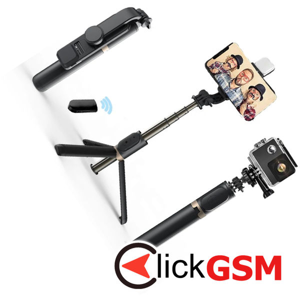 Techsuit - Selfie Stick (Q03s) - Stable Tripod with Bluetooth Remote Control and Fill Light, Aluminium Alloy, 76cm - Black