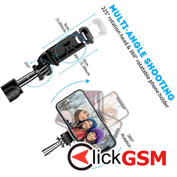 Techsuit - Selfie Stick (Q02) - Foldable Tripod with Bluetooth Remote Control, 360 Rotation, Stainless Steel, 103cm - Black