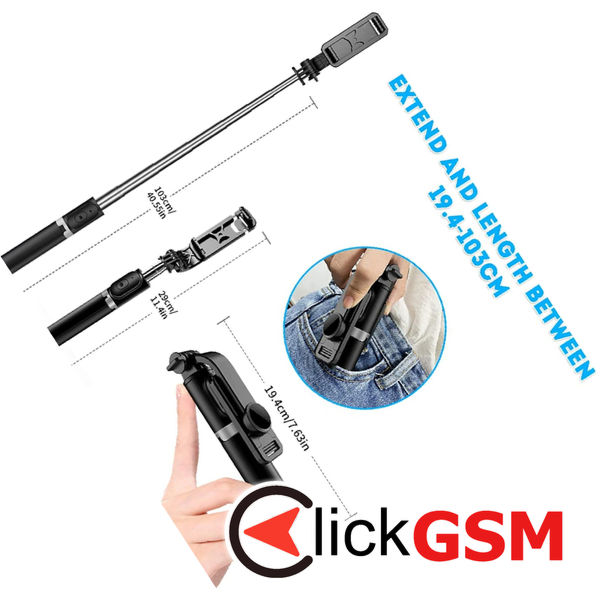 Techsuit - Selfie Stick (Q02) - Foldable Tripod with Bluetooth Remote Control, 360 Rotation, Stainless Steel, 103cm - Black