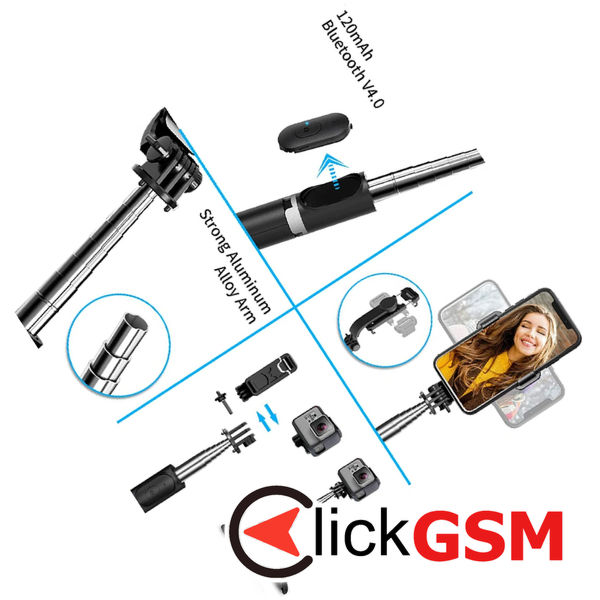 Techsuit - Selfie Stick (Q02) - Foldable Tripod with Bluetooth Remote Control, 360 Rotation, Stainless Steel, 103cm - Black