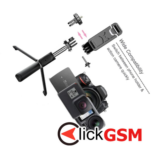 Techsuit - Selfie Stick (Q02) - Foldable Tripod with Bluetooth Remote Control, 360 Rotation, Stainless Steel, 103cm - Black