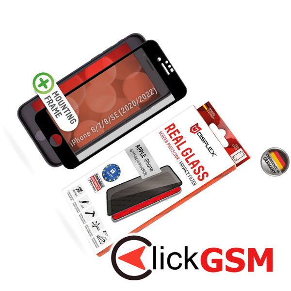 Displex - Premium Real Glass Privacy Full Cover - iPhone 6 / 6S / 7 / 8 / SE 2, SE 2020 / SE 3, SE 2022 - Black