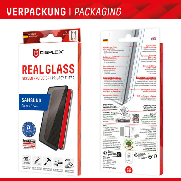 Displex - Premium Real Glass Privacy Full Cover - Samsung Galaxy S24 Plus - Black