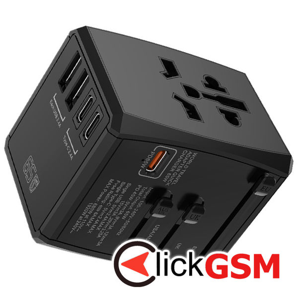 Techsuit - Travel Adapter (HHT906) - PD65W, 2 x USB, 3 x Type-C, EU, UK, AUS, US - Black