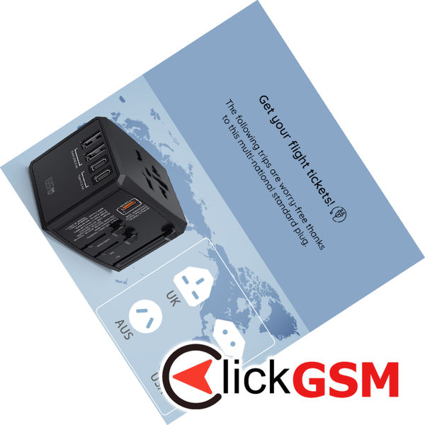 Techsuit - Travel Adapter (HHT906) - PD65W, 2 x USB, 3 x Type-C, EU, UK, AUS, US - Black