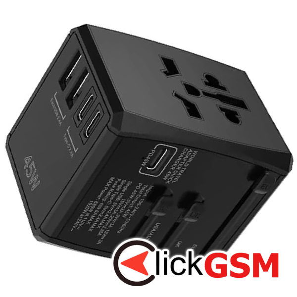 Techsuit - Travel Adapter (HHT905) - PD45W, 2 x USB, 3 x Type-C, EU, UK, AUS, US - Black