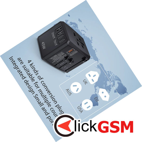 Techsuit - Travel Adapter (HHT905) - PD45W, 2 x USB, 3 x Type-C, EU, UK, AUS, US - Black