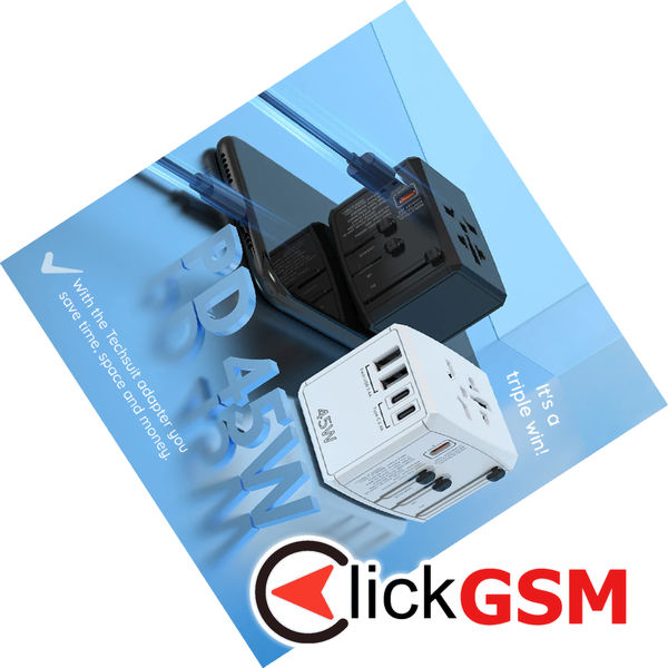 Techsuit - Travel Adapter (HHT905) - PD45W, 2 x USB, 3 x Type-C, EU, UK, AUS, US - Black