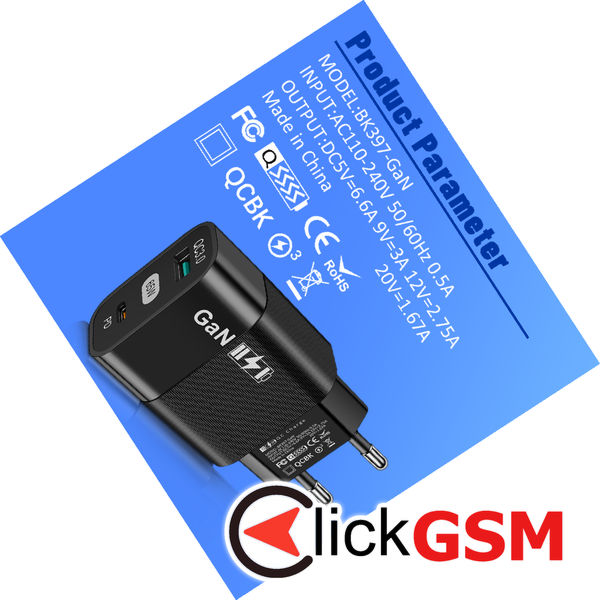 Techsuit - Wall Charger (CHPD131) - GaN, USB, Type-C, Fast Charge, 65W - Black